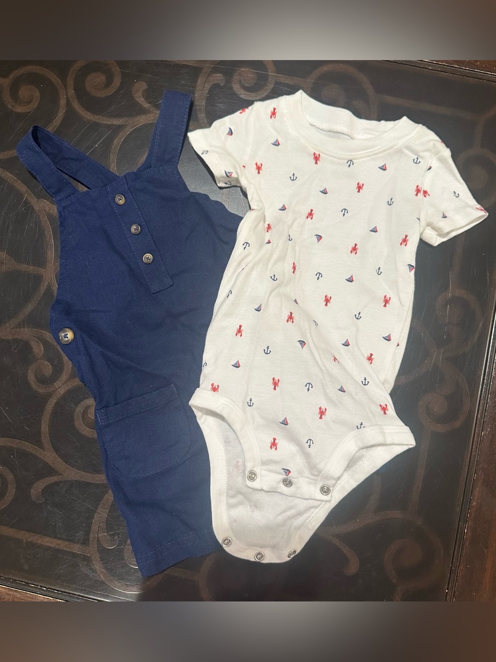 Carter's 2 piece Blue Toddler Overalls Shorts & coordinating shirt, Size 12 MOS - Picture 2 of 6